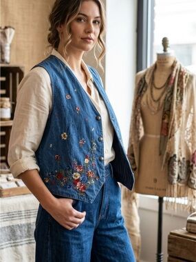 Koret Blue Pinstripe Denim Vest with Floral Embroidery